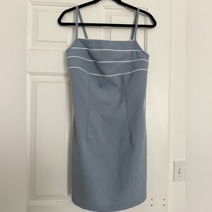 Slate Blue Spaghetti-Strap Mini Dress with White Piping
